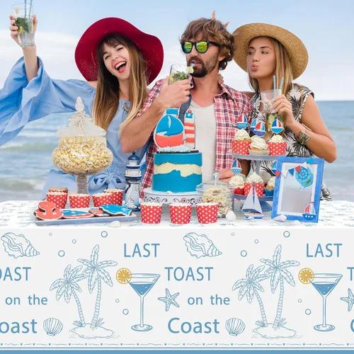 Vista 5 de K1tpde Mantel de plástico desechable para despedida de soltera de 3 piezas con temática costera, diseño de copa de vino azul, diseño de estrella
