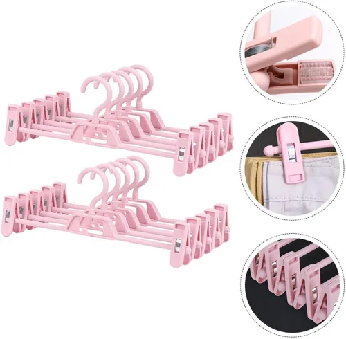 Vista 9 de DOITOOL Paquete de 10 perchas antideslizantes rosas para pantalones con clips ajustables, clips de plástico retráctiles para el hogar