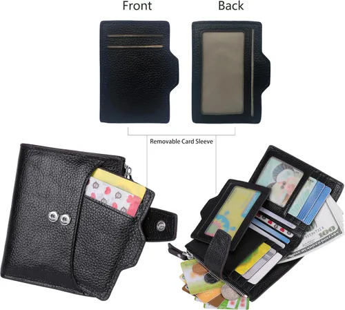 Vista 3 de Cartera de cuero con bloqueo RFID para mujer, pequeña, compacta, doble cremallera, con ventana para identificación