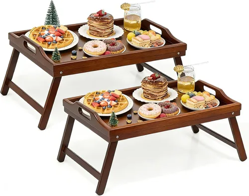 Vista 11 de Mesa Bandeja para Cama Bandejas de Desayuno Bandeja de Servir Altura Ajustable para Comer Cama de Bambú Laptop Plegable Patas con Asas y Soportes