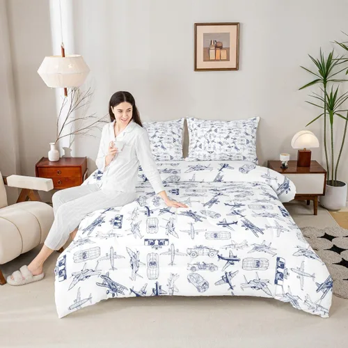 Vista 5 de Feelyou Juego de ropa de cama con estampado de aviones para niños y niñas, juego de funda de edredón de microfibra estilo boceto azul y blanco