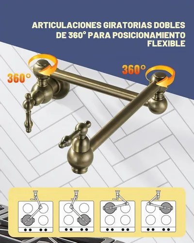 Vista 4 de WOWOW Grifo de llenado de ollas de bronce antiguo, grifo de cocina de montaje en pared de latón con brazos oscilantes de doble junta