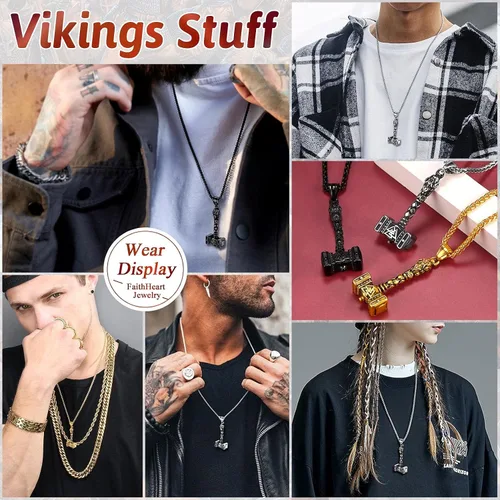 Vista 3 de FaithHeart Viking Thor's Hammer Talismán Collar para hombre, colgante de amuleto nórdico vintage de Mjolnir con cadena de trigo resistente, joyería