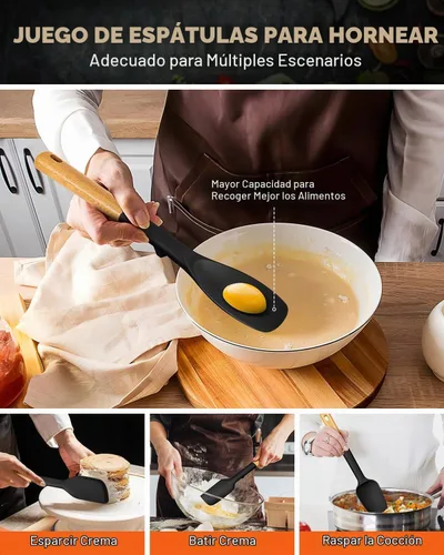 Vista 4 de Badiano Juego de cucharas de espátula de silicona para utensilios de cocina Negro