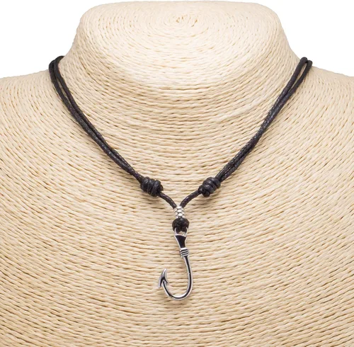 Vista 2 de BlueRica Colgante de gancho de pescado en collar de cuerda negra ajustable (cromo), Fibra natural