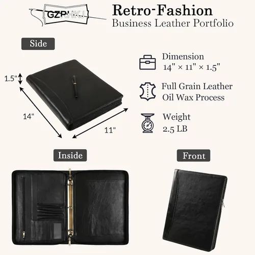 Vista 2 de Organizador de cartera de cuero genuino, carpeta de 3 anillos con bloc de notas, carpeta de cuero personalizada para hombres y mujeres