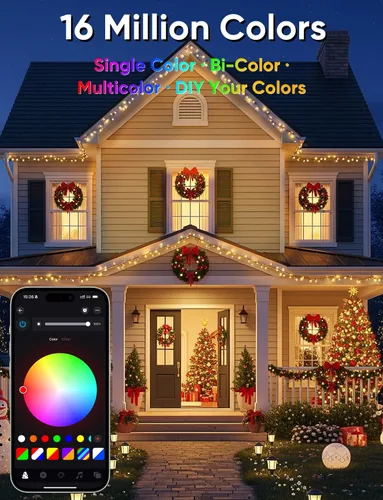 Vista 4 de Ollny Luces de Navidad inteligentes, 66 pies, 200 LED, control de aplicación, RGB que cambian de color, luces de árbol de Navidad con control