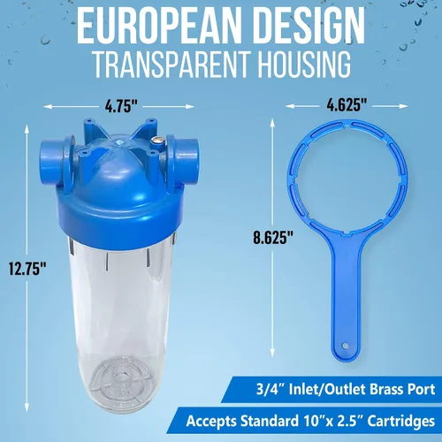 Vista 2 de Sistema de filtro de agua para toda la casa de diseño europeo transparente estándar de 10 pulgadas con válvula de alivio de presión, puerto de latón