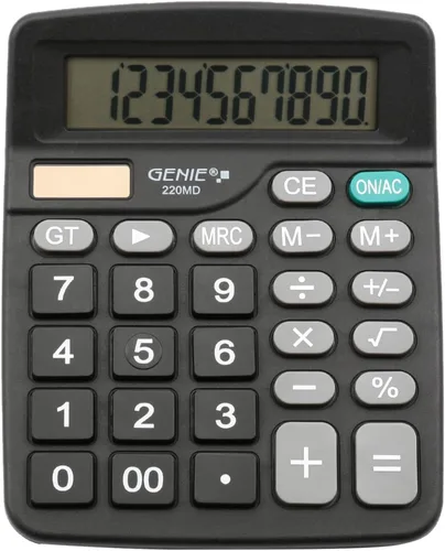 Vista 2 de Genie 220 MD - Calculadora de escritorio de 10 dígitos (energía solar y batería), diseño compacto, color negro