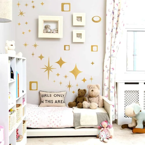 Vista 2 de Calcomanías de pared de estrellas retro, calcomanías de pared de óvalos y cuadrados, calcomanías geométricas para paredes, calcomanías de vinilo