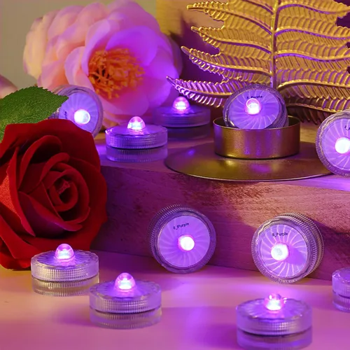 Vista 2 de Luces LED sumergibles, color morado, impermeables, sin llama, velas de té, velas de té, 100 horas, luz LED subacuática pequeña para jarrón, mesa
