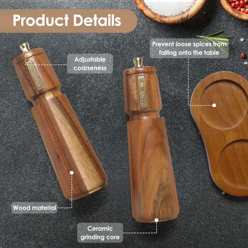 Vista 2 de Juego de molinillo de sal y pimienta de madera, molinillo de pimienta manual de 8 pulgadas Adjustable Coarseness Refillable Ceramic Core Grinder