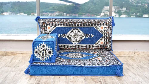 Vista 2 de Cojín de suelo turco individual – Juego de asientos tradicionales árabes Jalsa – Sofá oriental para sala de estar con almohadas de respaldo