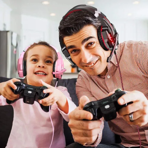 Vista 2 de BENGOO Auriculares estéreo Pro Gaming para PS4, PC, controlador Xbox One, cancelación de ruido sobre la oreja con micrófono, luz LED, sonido