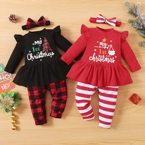Vista 7 de Trajes de Navidad para bebé niña My 1st Christmas Ruffle Shirt Plaid Stripe Pants Ropa