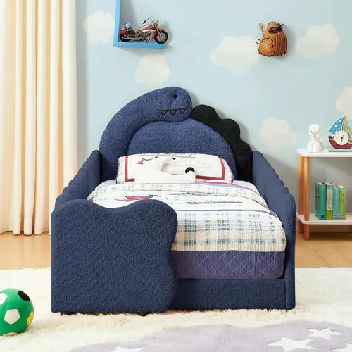Vista 13 de Cama infantil con forma de dinosaurio de tamaño individual con barandilla de seguridad, marco de cama de piso de madera maciza para niños