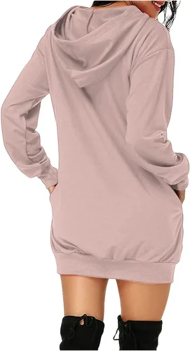 Vista 3 de Sudadera con capucha Vestidos de otoño Mujer Bolsillos Capucha Mini Vestido Jersey Manga Larga Vestidos de Sudadera
