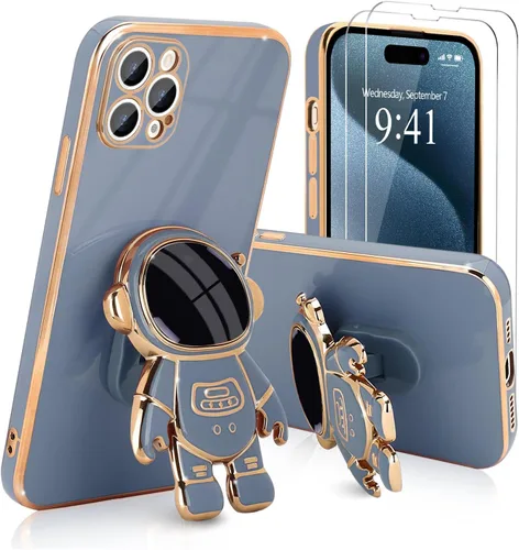 Vista 38 de Pepmune - Funda para iPhone 15 con soporte de astronauta 3D, color negro [2 Screen Protector], Luxury Electroplated Soft TPU Cover with Kickstand