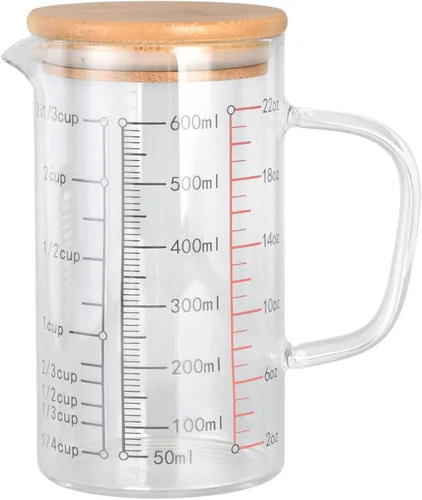 Vista 6 de Vaso medidor de vidrio, con boquilla en forma de V, con mango aislante, tazas medidoras de líquidos con tapa, para el hogar, uso en restaurantes