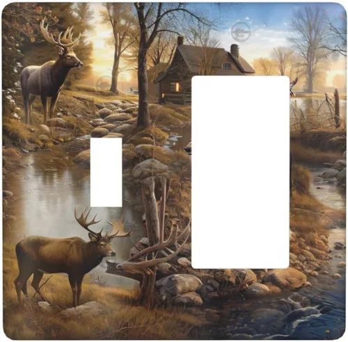 Vista 13 de Bear Moose Lodge Woodland - Placa de interruptor de luz dúplex individual de 1 banda, cubierta de salida decorativa de pared, placa frontal