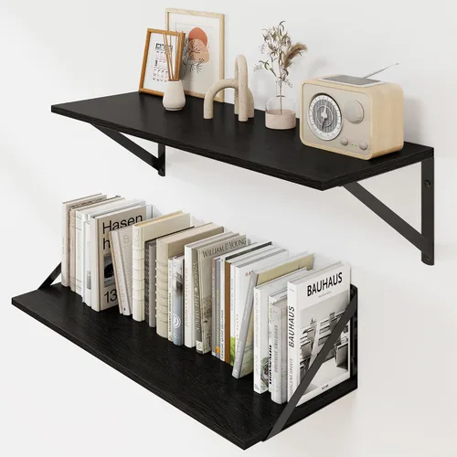 Vista 23 de Heimlove - Estantes flotantes negros profundos para pared, juego de 2 estantes de pared de madera de 16 pulgadas de ancho x 8 pulgadas