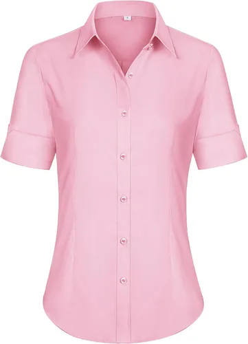 Vista 22 de siliteelon Camisas de vestir de manga corta con botones para mujer, camisas de algodón con botones para mujer, blusa ajustada de manga 3/4