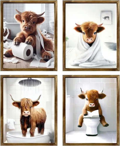Vista 9 de Arte Divertido de Pared para Baño con Imágenes de Vaca de las Tierras Altas Escocesas, Decoración de Pared, Vaca Tierna en Bañera, Impresiones