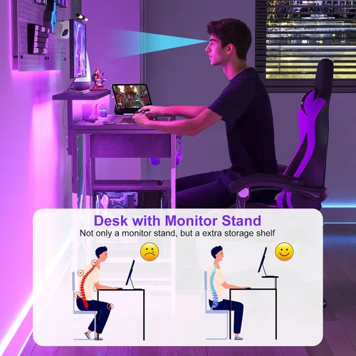 Vista 4 de X-cosrack Escritorio pequeño para juegos de 33.5 pulgadas con luces LED y soporte largo para monitor, escritorio compacto para computadora con tomas