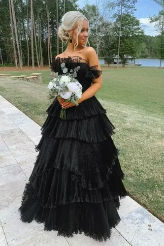 Vista 7 de TIRAS Vestidos de fiesta sin tirantes con volantes largos y escalonados de tul vestido de baile de princesa formal vestidos de noche para mujeres