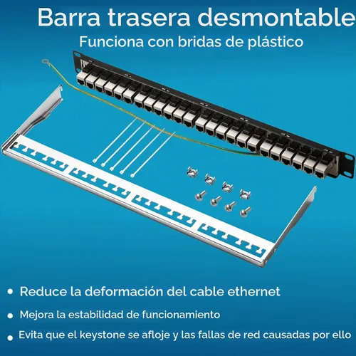 Vista 6 de Rapink Panel de conexión de 24 puertos Cat6A con soporte Keystone 10G en línea, panel de conexión acoplador blindado STP de 19 pulgadas con barra