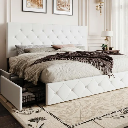 Vista 33 de SHA CERLIN Base de cama de plataforma tamaño matrimonial tapizada con 4 cajones de almacenamiento, cabecero ajustable con diseño cosido en cuadrados