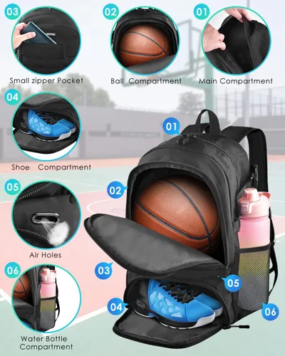 Vista 4 de BROTOU - Bolsa de baloncesto, mochila de fútbol, mochila de voleibol, mochila para fútbol, bolsa deportiva para gimnasio con compartimento