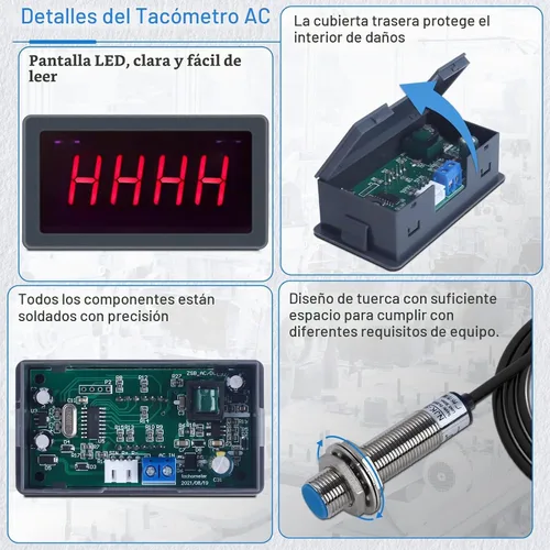 Vista 6 de ICSTATION - Tacómetro LED AC 110V-230V, 4 tacómetros digitales de motor rojo, medidor de velocidad RPM con sensor de interruptor de proximidad Hall