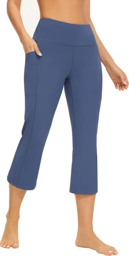 Vista 2 de AFITNE Pantalones de yoga capri de longitud completa para mujer, con bolsillos, cintura alta, acampanados, para entrenamiento, pantalones de trabajo