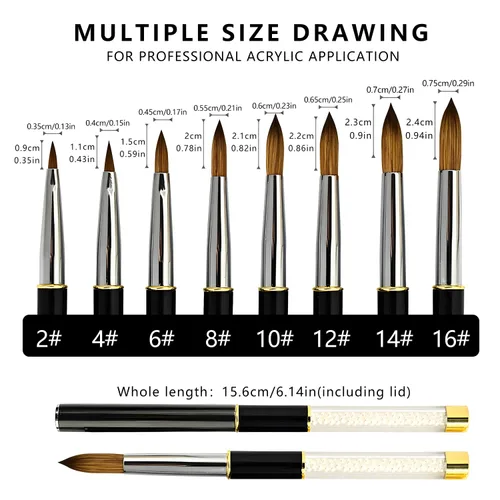 Vista 5 de Kolinsky - Brochas de uñas tamaño #14, pinceles de arte de uñas para aplicación acrílica, mango resistente, forma ovalada, herramientas de diseño