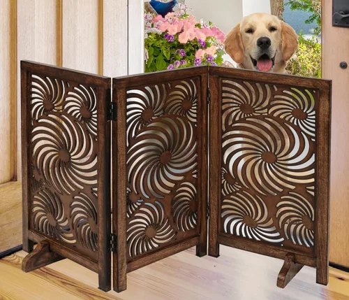 Vista 32 de Puerta independiente para mascotas para perros, puerta plegable de madera para perros para casa, puerta interior para perros para escaleras