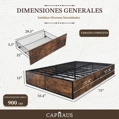 Vista 2 de CAPHAUS Base de cama de almacenamiento de metal industrial con 4 cajones, base de cama con plataforma que ahorra espacio, base de colchón
