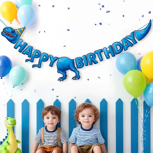 Vista 7 de WERNNSAI Cartel de fiesta de feliz cumpleaños – Cartel de cumpleaños de dinosaurio para decoración de fiesta de niños, suministros de decoración