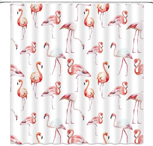 Vista 10 de Cortina de ducha con diseño de flamenco, flor tropical, hoja de palmera verde, juego de decoración de baño con ganchos