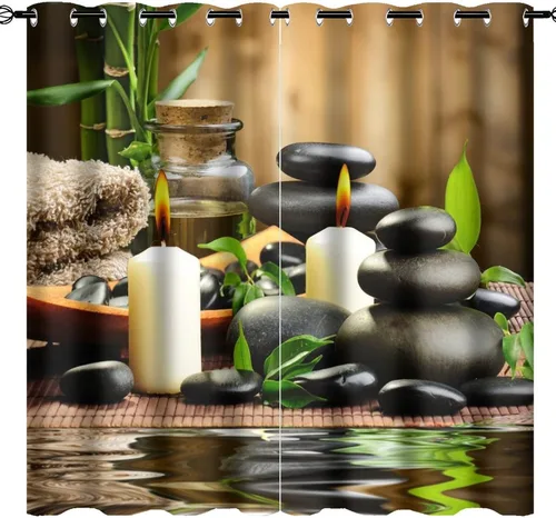 Vista 21 de Cortinas opacas de estilo japonés para dormitorio, hermoso pavo real, spa, verde, bambú, piedra negra, con ojales, aislamiento térmico, para Jardín