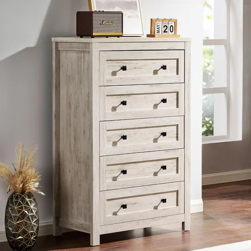 Vista 16 de VanAcc - Cómoda de granja de 5 cajones, cómoda para dormitorio, color gris Cómoda de madera natural de 47 pulgadas de alto, amplio almacenamiento