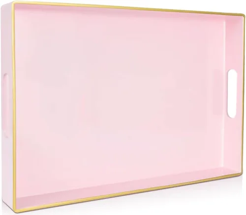 Vista 12 de Bandeja decorativa azul para mesa de café, bandeja de servir redonda de plástico con cuentas para encimera de cocina, otomana, sala de estar, (13")