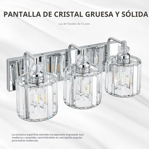 Vista 2 de Accesorio de Iluminación de Baño Moderno de 3 Luces Cromado Luces de Tocador de Baño Sobre Espejo Aplique de Pared con Pantallas de Cristal K9 Base