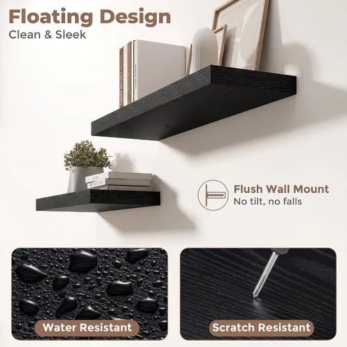 Vista 4 de Marsmiles 9.3 Inch Floating Shelves for Wall 2 Pack, 9.3" D Wood Grain Bathroom Shelves Black Finish