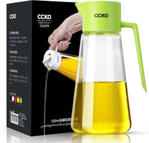 Vista 10 de CCKO Botella dispensadora de aceite de oliva de vidrio con boquilla abatible automática de 19 onzas para cocina, dispensador de aceite de cocina sin