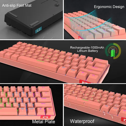 Vista 8 de Teclado mecánico inalámbrico 60% de modo dual BT5.0USB-C para juegos con retroiluminación arco iris, compacto, 61 teclas, ergonómico, recargable