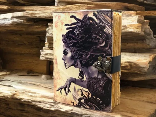 Vista 3 de Libro de hechizos en blanco de sombras con diario de cuero hecho a mano grimorio con 200 hechos a mano con papel de borde Deckle para regalos de 7 x