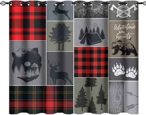 Vista 55 de Cortinas opacas rústicas de cabaña con osos y ciervos - Juego de cortinas de ventana con ojales de temática de granja abstracta, caza, animal