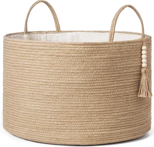 Vista 14 de Mkono - Canasta de almacenamiento tejida, canasta decorativa de cuerda natural con cuentas de madera para mantas, juguetes, ropa, zapatos y plantas