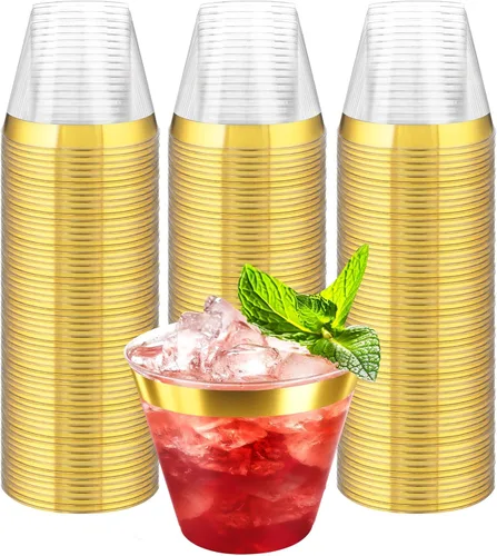 Vista 8 de Byvivace Vasos de plástico transparente de 12 onzas con borde dorado, resistentes y aptos para alimentos, desechables, copas de vino, copas de boda